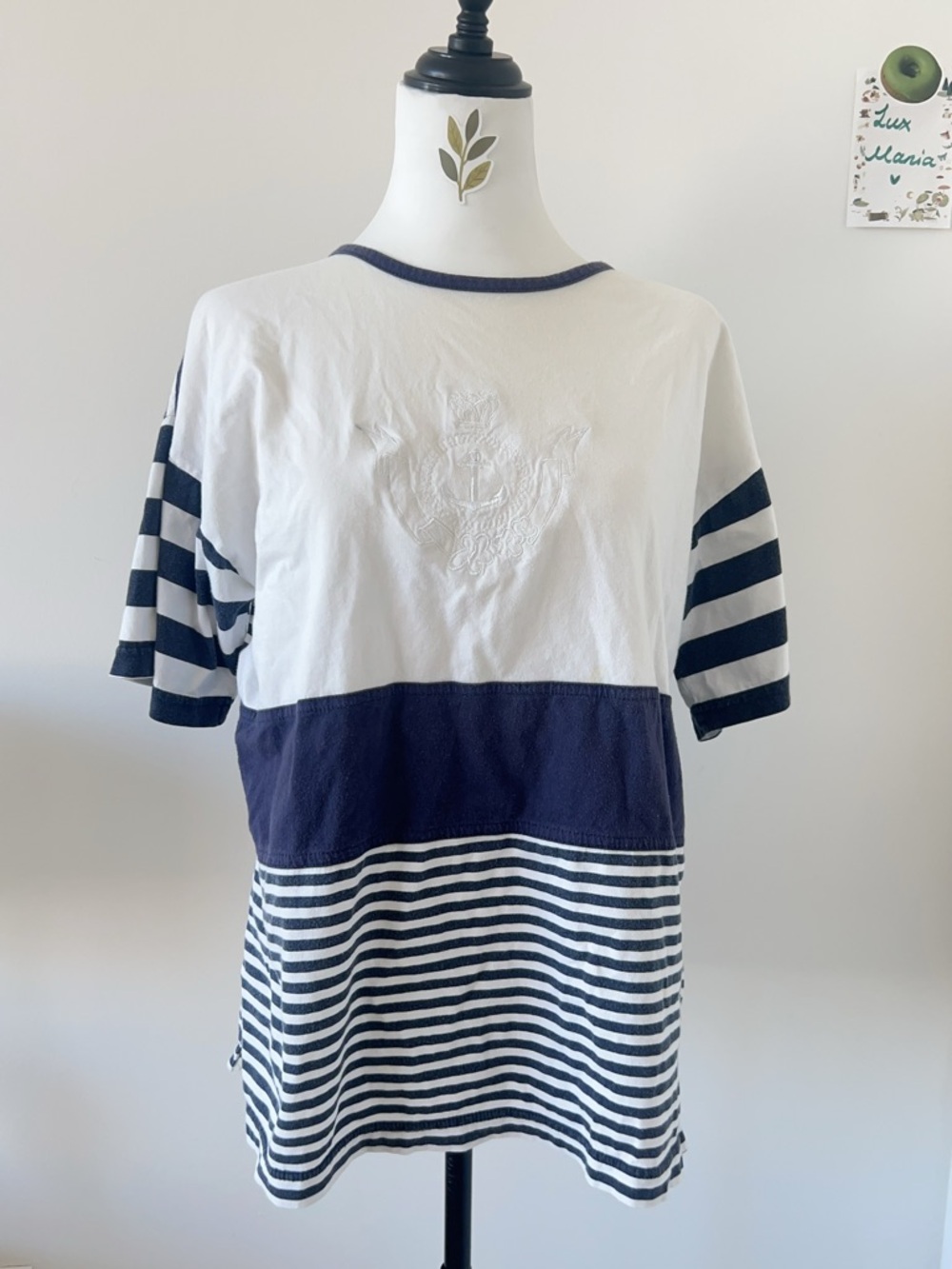 NEW FAST Navy White Striped Nautical Anchor Crest Color Block Tee S Beach Summer